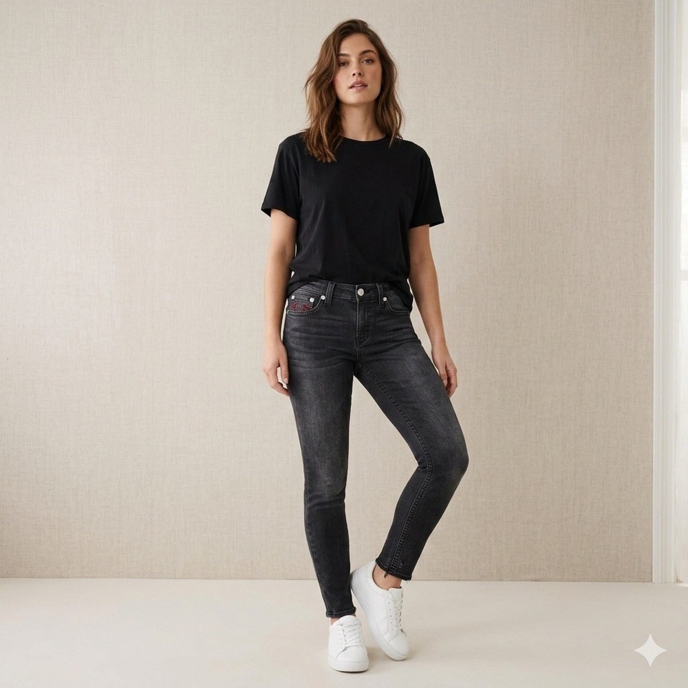 True‎ Religion Halle Mid Rise Super Skinny Jeans Black Faded Denim Size 30